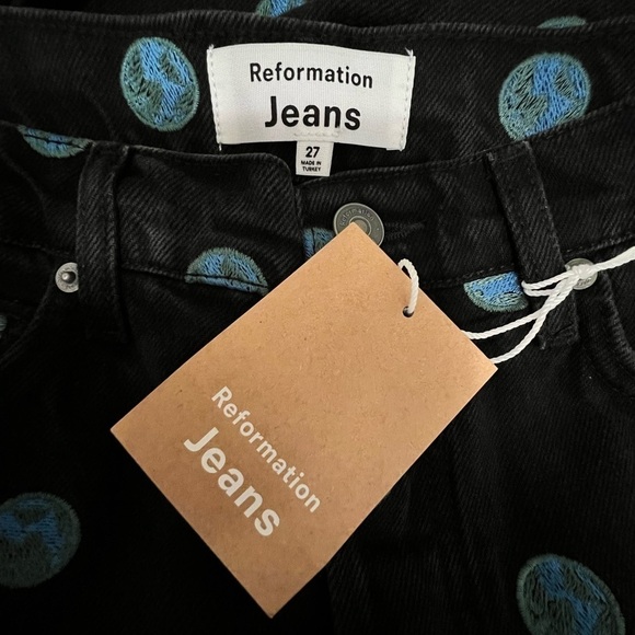 Reformation Black and Blue Polka Dot Straight Leg Jeans - Picture 8 of 11